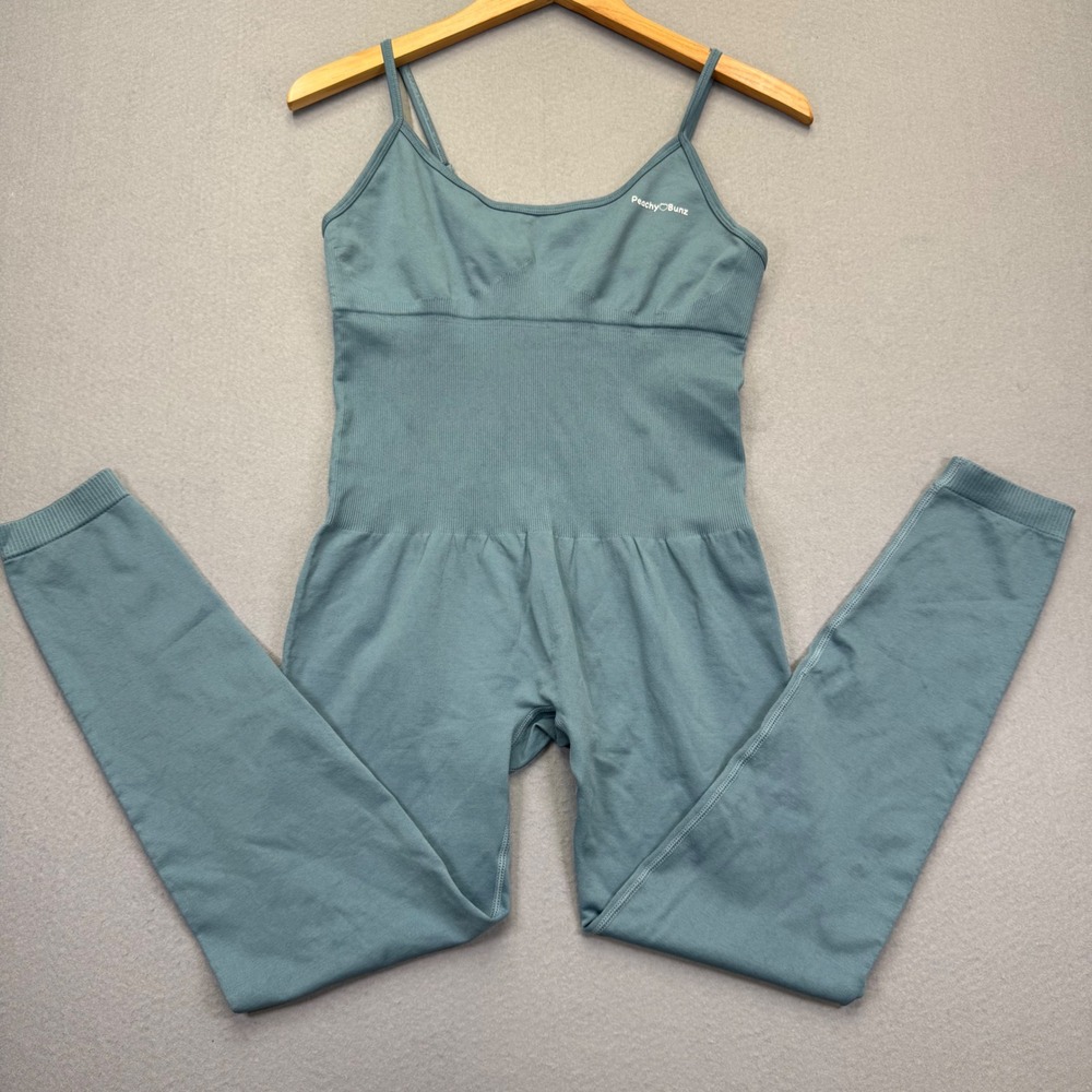 Peachy Bunz Womens Blue Seamless Ribbed Activewear Jumpsuit Bodysuit Large